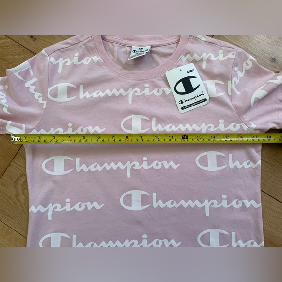 Champion Allover Print T-Shirt - Women’s Small - Spellout Logo Pink Summer BNWT - Picture 8 of 14